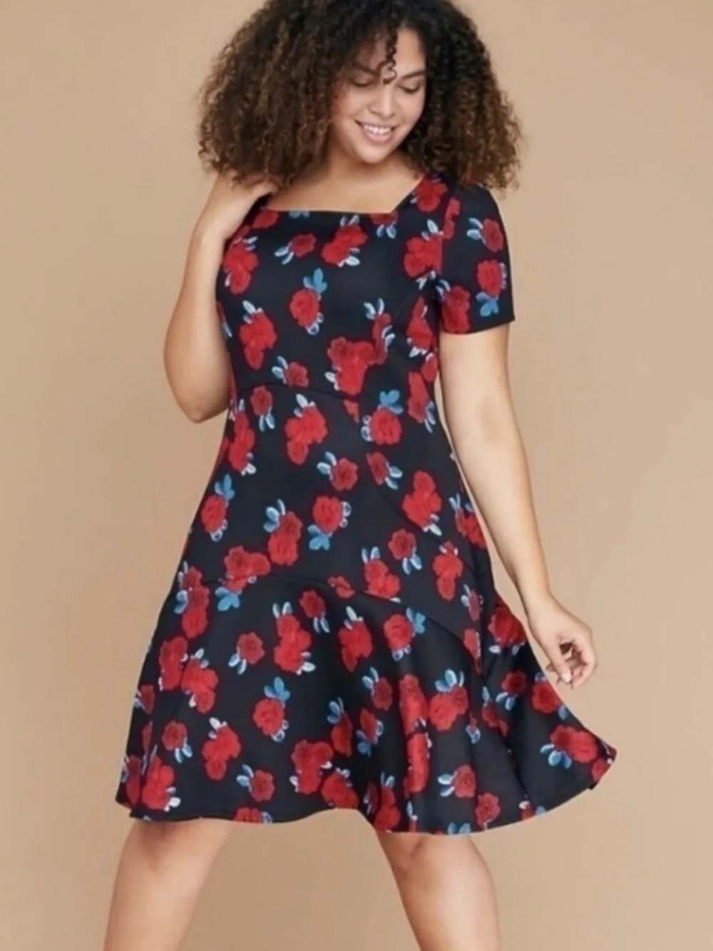 Lane Bryant Black Midi Dress with Red Floral Print